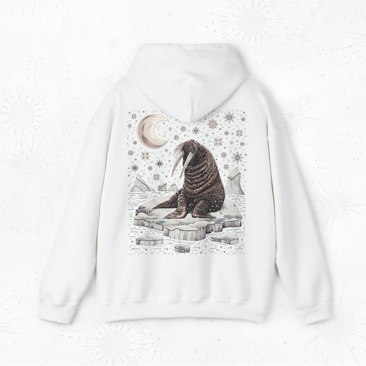 Boho Snow Moon and Walrus Hoodie - Nordic Christmas Animal Hoodie