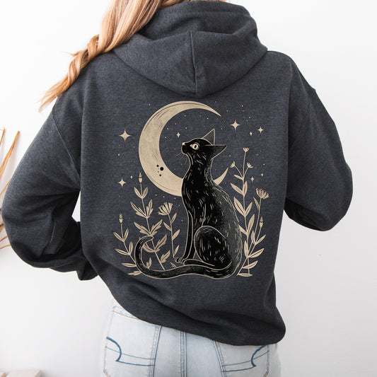 Mystic Moon Cat Hoodie - Vintage Aesthetic Boho Cat Lover Hoodie