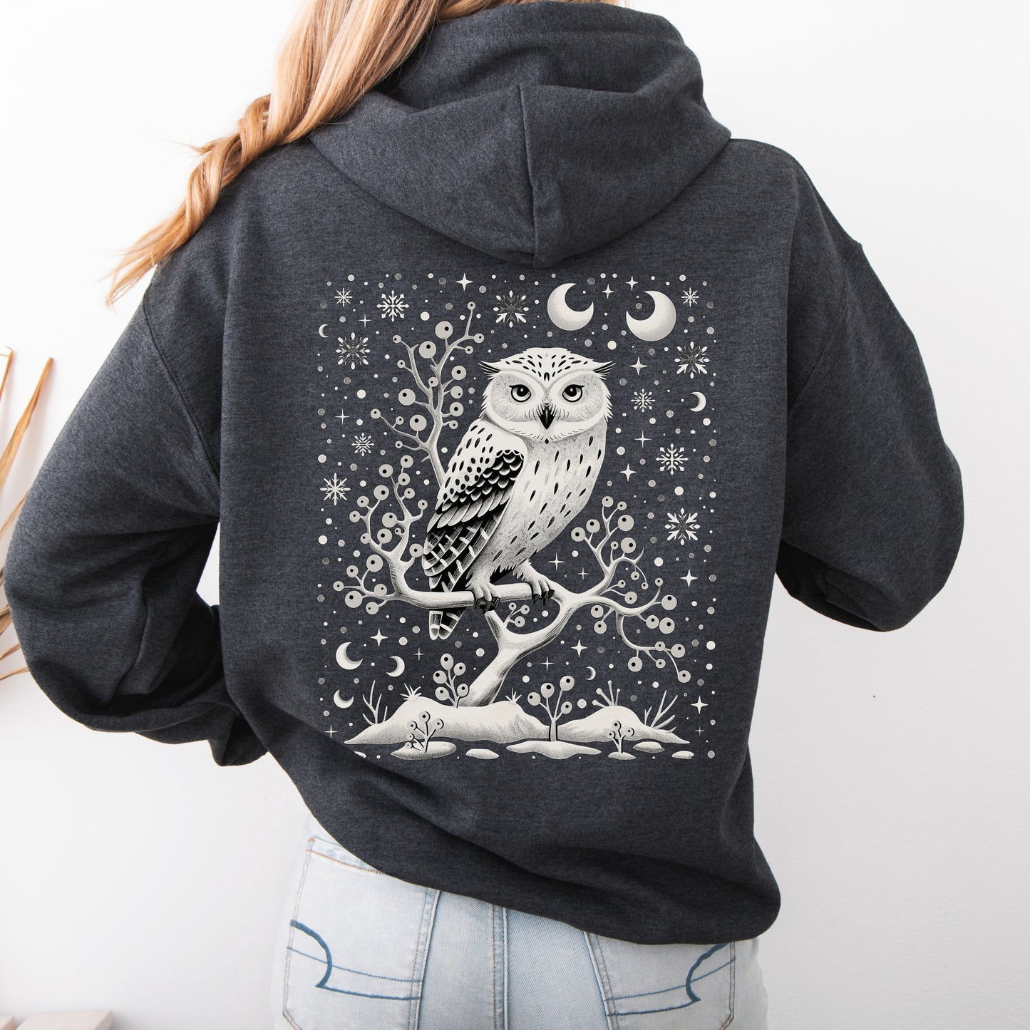 Winter Moon Owl Hoodie - Celestial Boho Christmas Hoodie