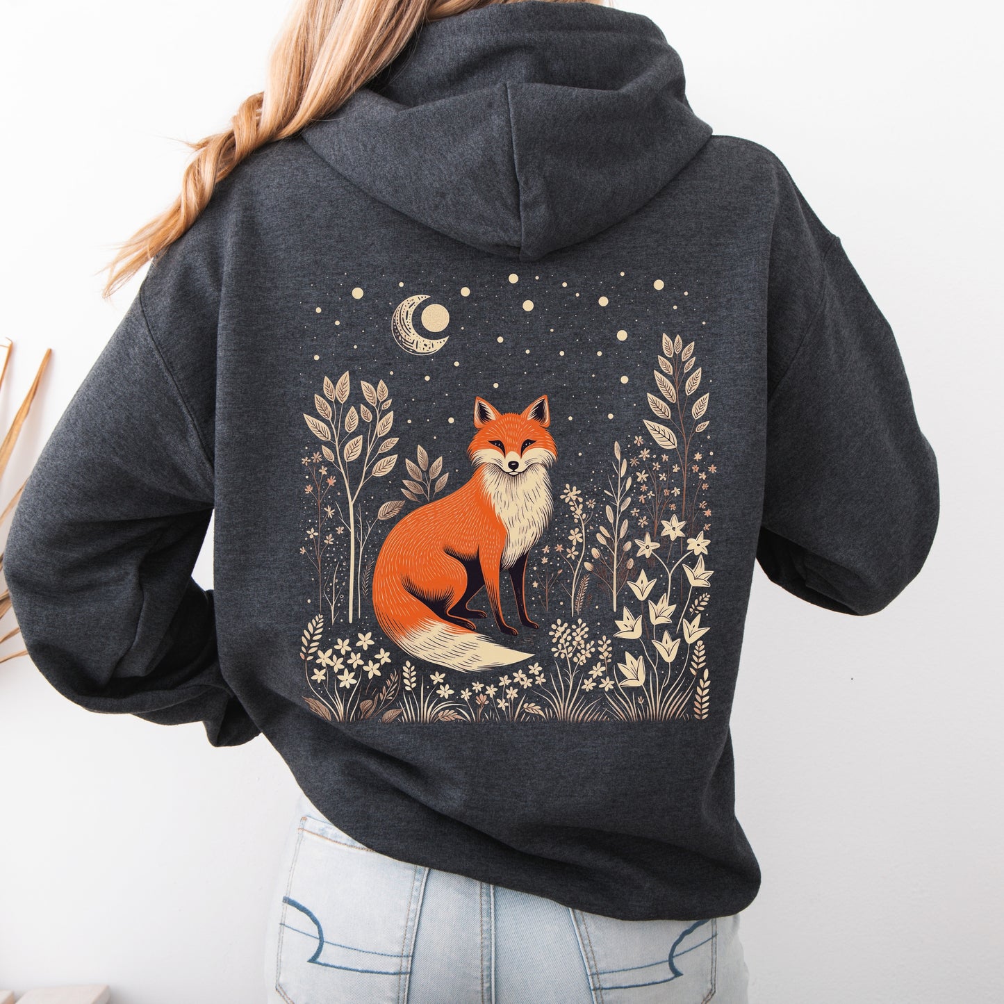 Moon and Fox Hoodie - Vintage Aesthetic Forest Animal Hoodie