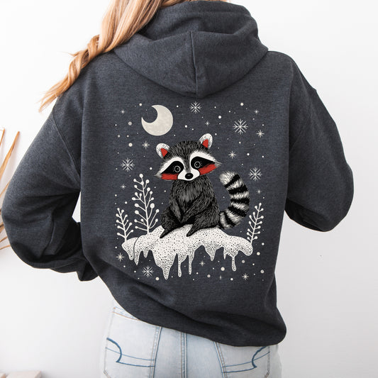 Snowy Raccoon Christmas Hoodie - Cottagecore Winter Animal Sweatshirt