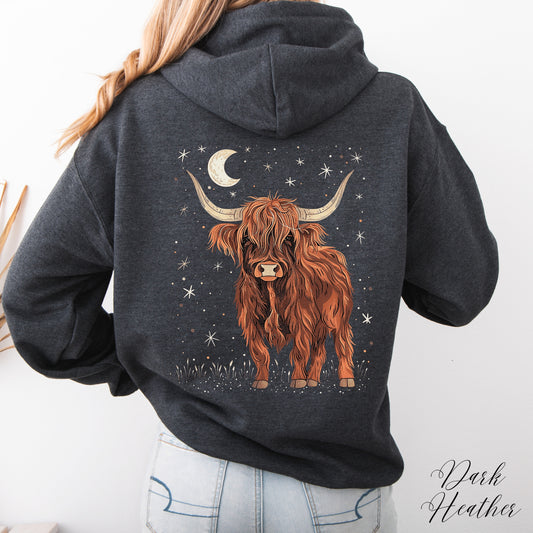 Celestial Highland Cow Hoodie - Cottagecore Animal Hoodie - Boho Hoodie
