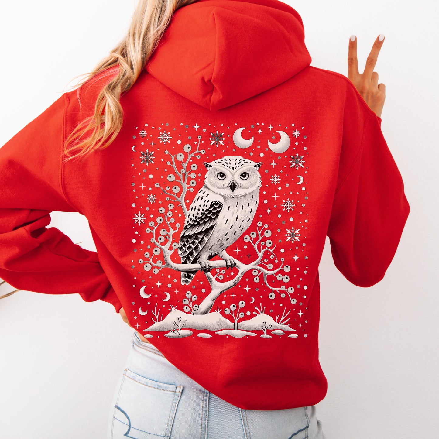 Winter Moon Owl Hoodie - Celestial Boho Christmas Hoodie