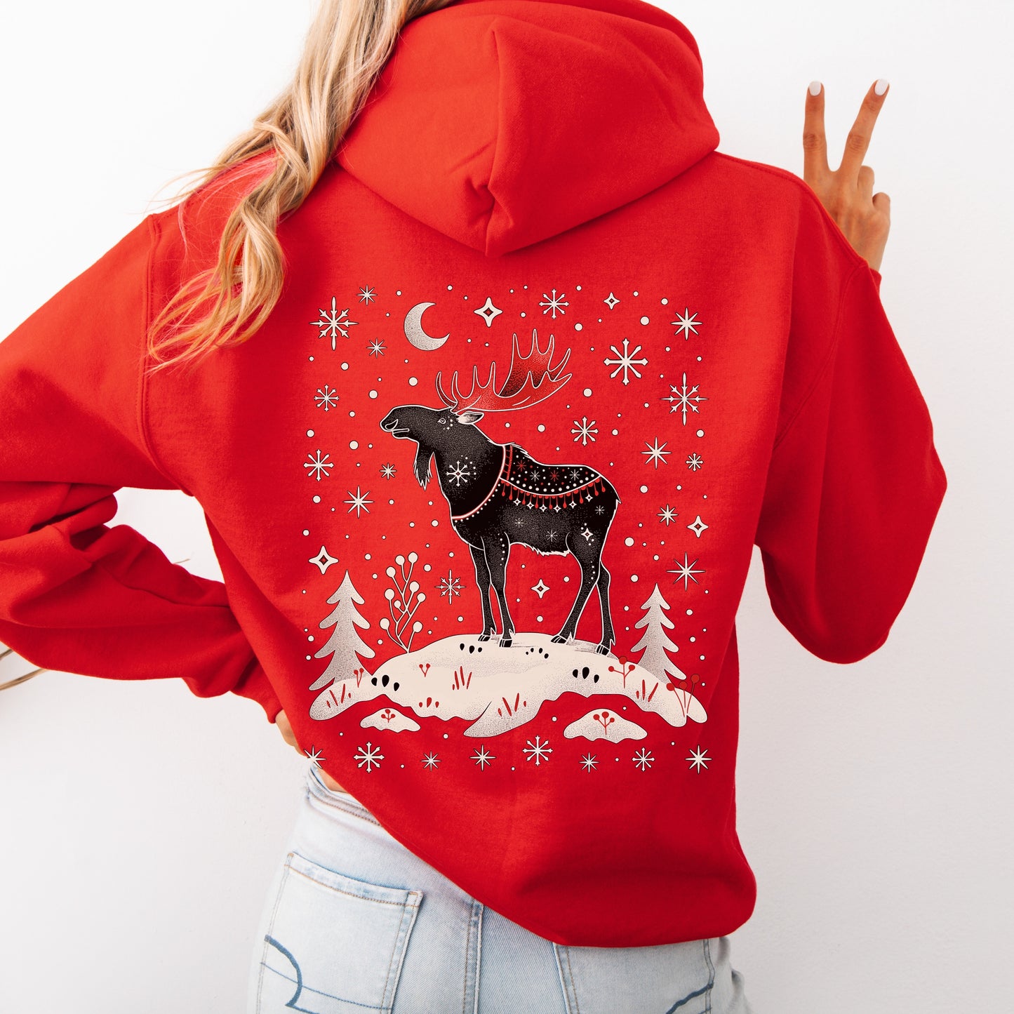Snowy Moose Christmas Hoodie - Winter Deer Sweatshirt - Arctic Animal Holiday Gifts