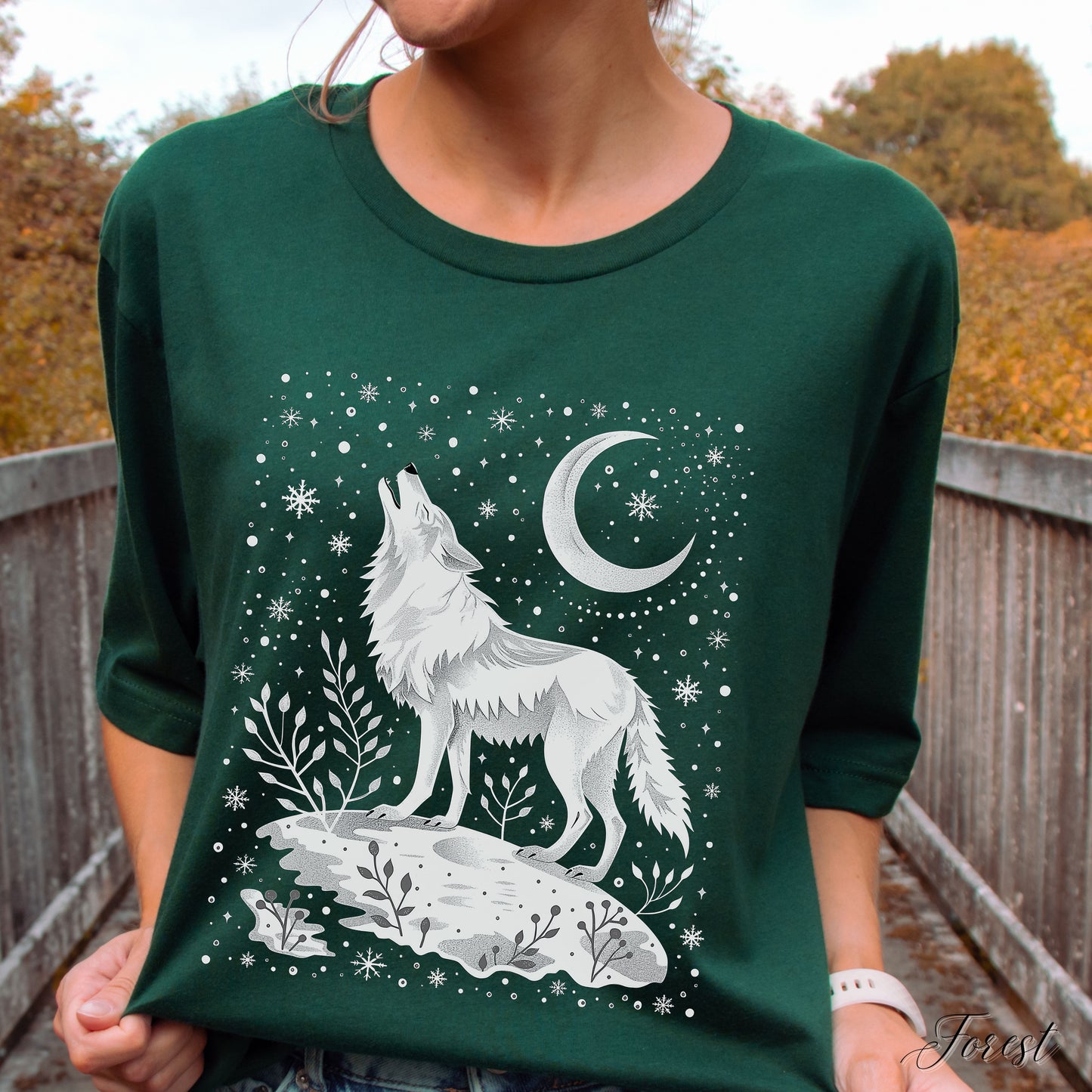 Celestial Arctic Wolf Shirt - Snowy Moon and Wolf Christmas Shirt