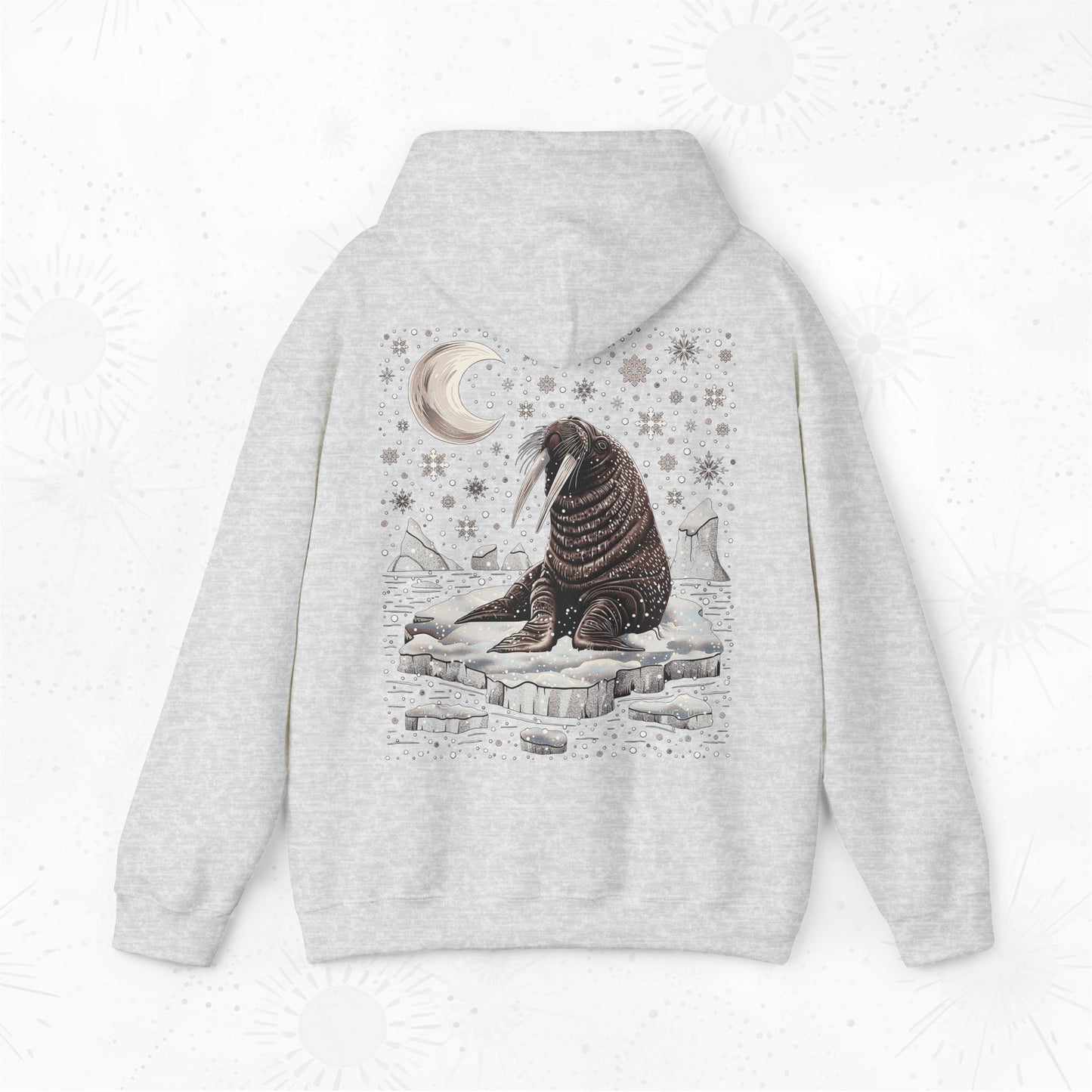 Boho Snow Moon and Walrus Hoodie - Nordic Christmas Animal Hoodie