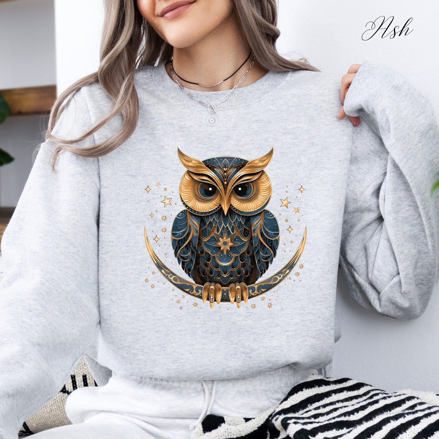 Celestial Moon Owl Sweatshirt - Bohemian Winter Sweatshirt - Christmas Sweatshirt
