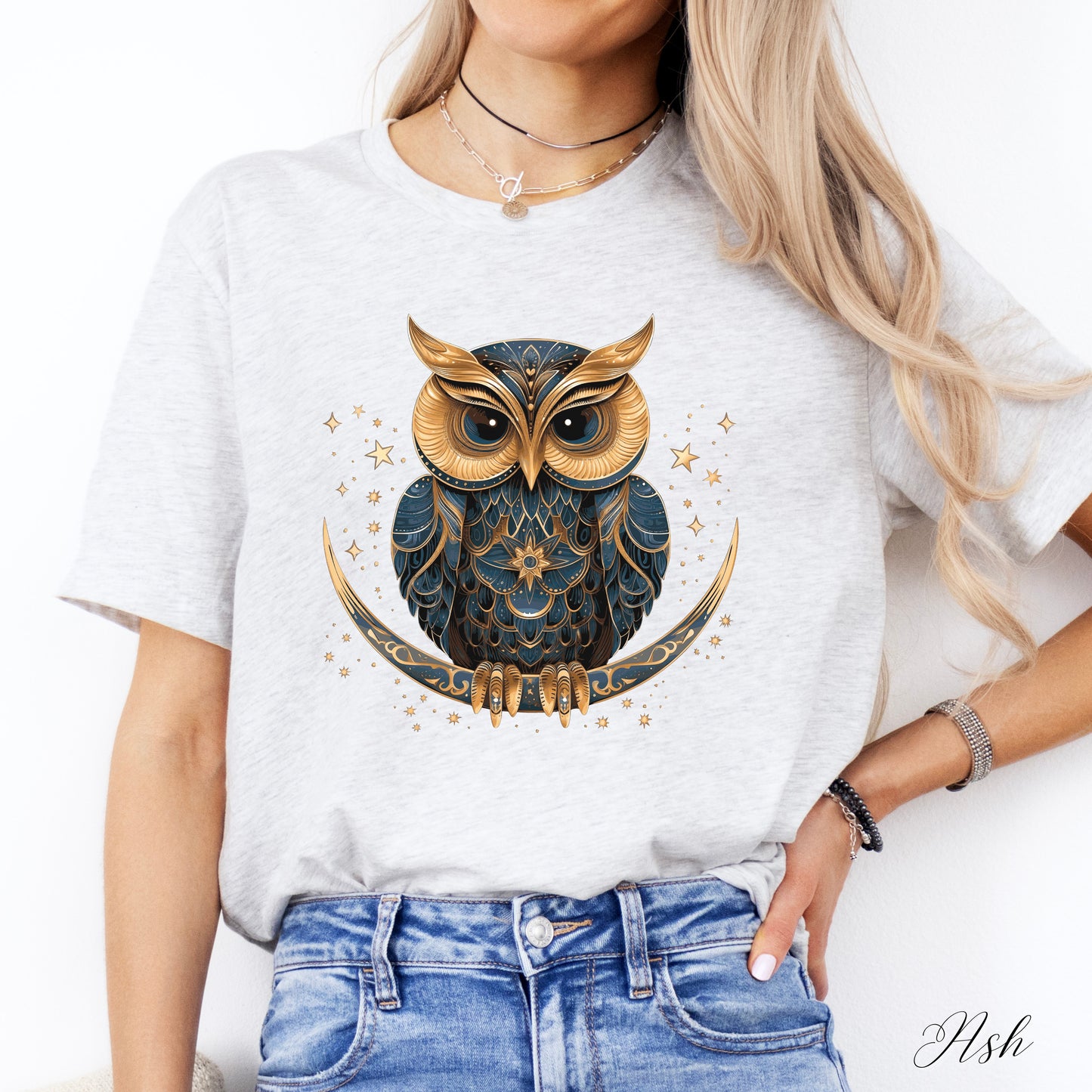 Celestial Owl Shirt - Owl on Crescent Moon Vintage Graphic Tee - Boho Shirt