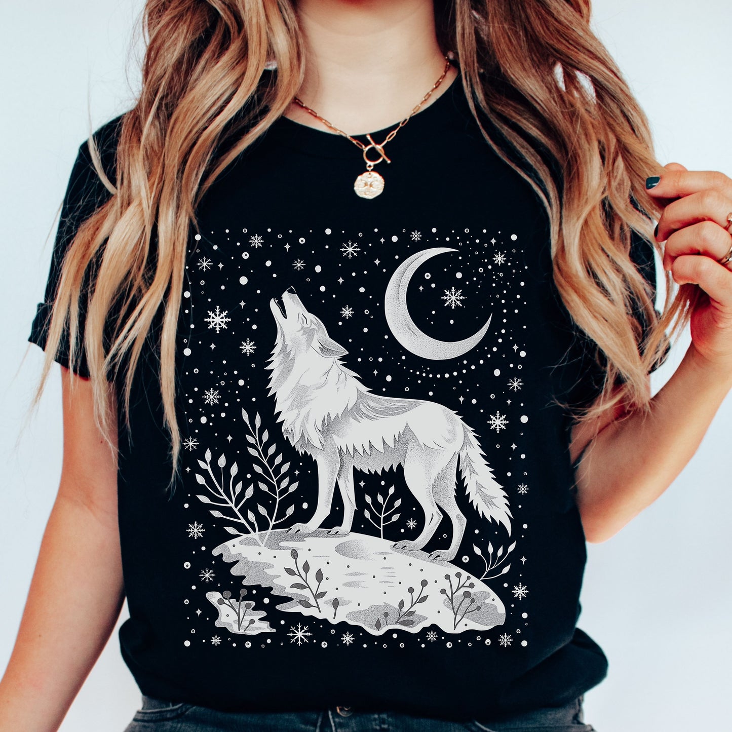 Celestial Arctic Wolf Shirt - Snowy Moon and Wolf Christmas Shirt