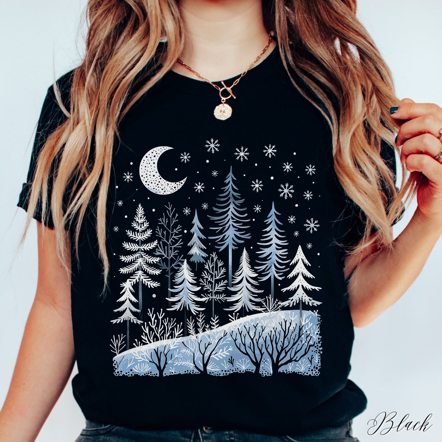 Boho Winter Moon and Forest Shirt - Celestial Woodland Christmas Shirt