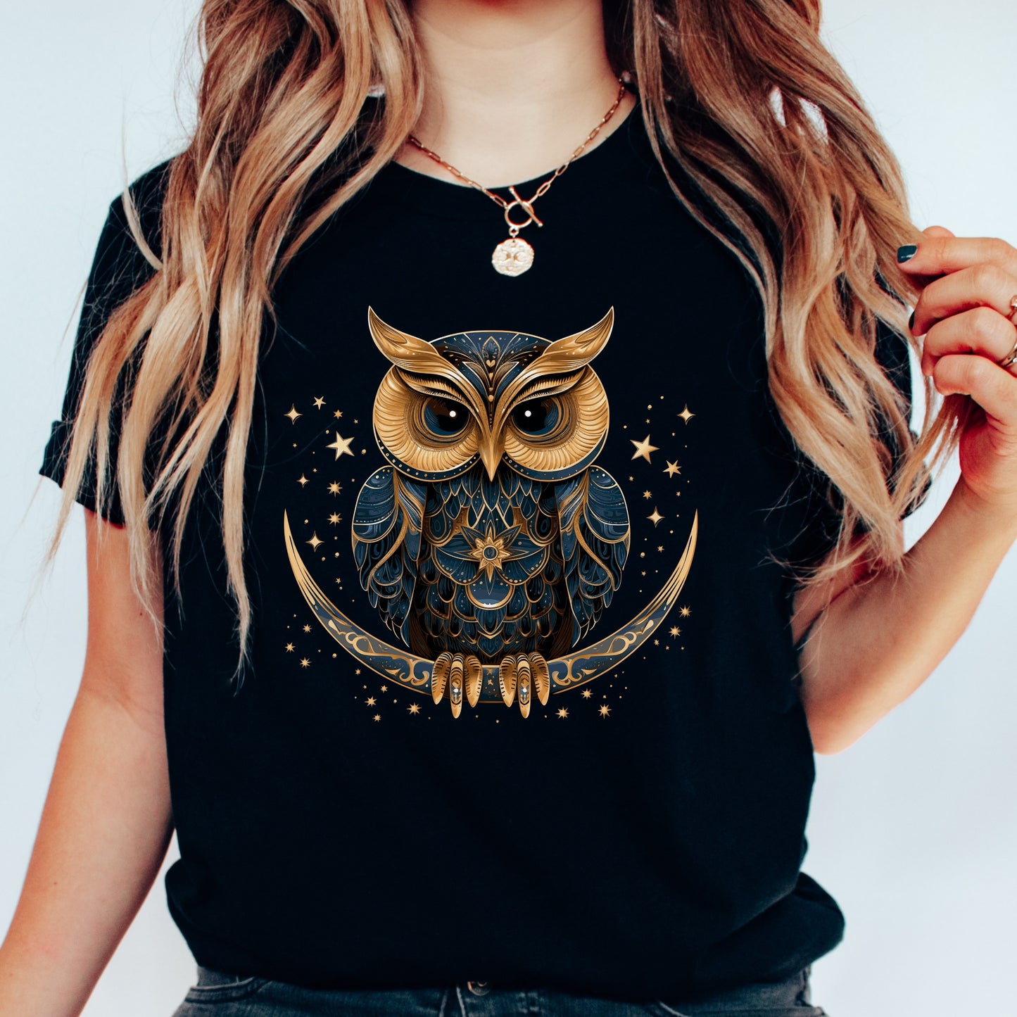 Celestial Owl Shirt - Owl on Crescent Moon Vintage Graphic Tee - Boho Shirt