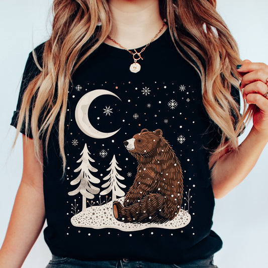 Cottagecore Winter Moon and Bear Shirt - Boho Christmas Shirt