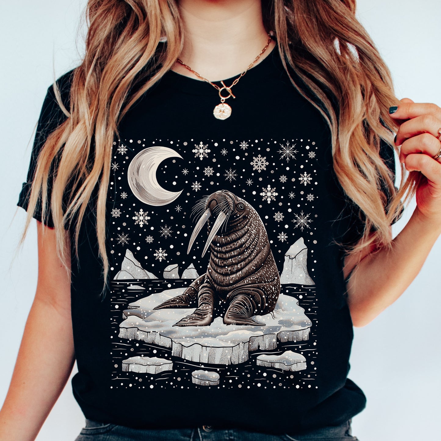 Celestial Winter Walrus Christmas Shirt - Nordic Animal Graphic Tee