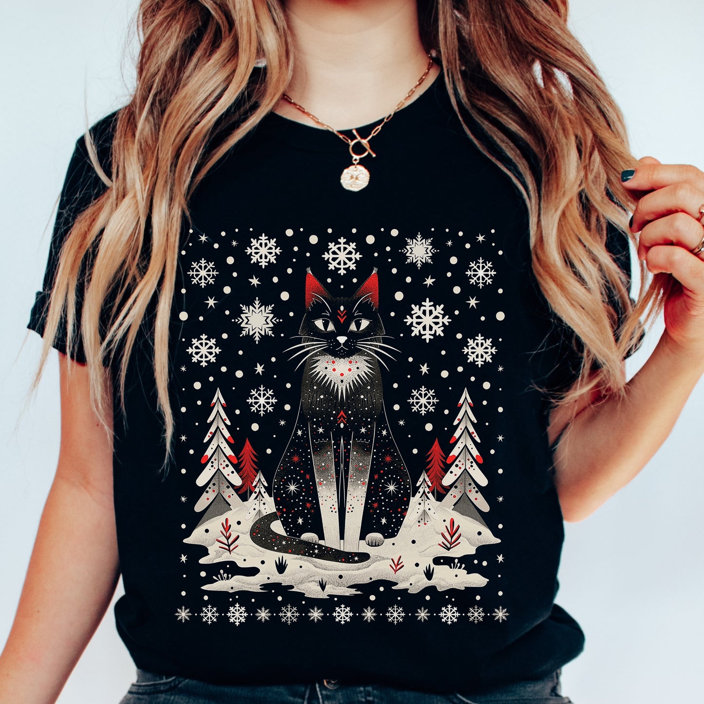 Festive Christmas Cat Shirt - Scandinavian Graphic Christmas Shirt
