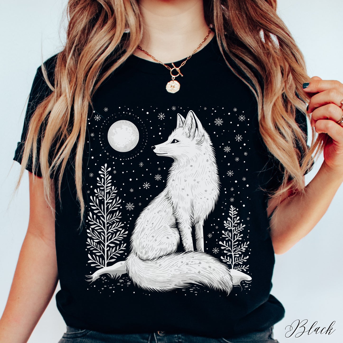 Boho Arctic Fox Shirt - Moon and White Fox Christmas Shirt