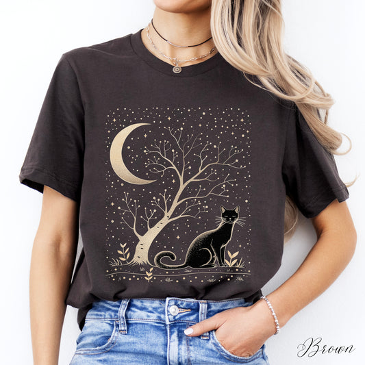 Moonlit Cat Shirt - Bohemian Moon Cat Vintage Graphic Tee