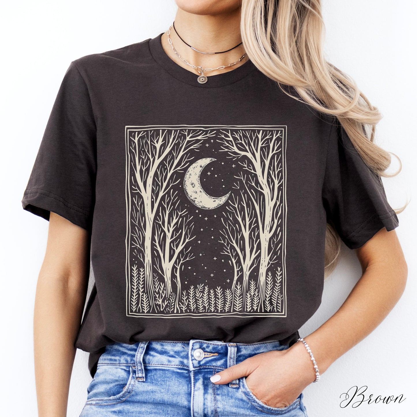 Bohemian Dark Forest Vintage Graphic Tee - Moon and Tree Nature Shirt