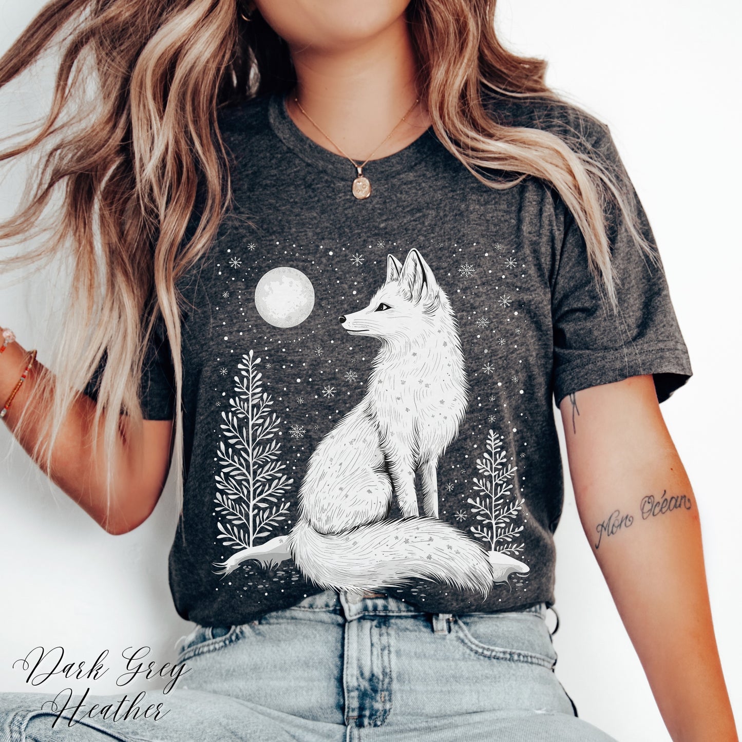 Boho Arctic Fox Shirt - Moon and White Fox Christmas Shirt