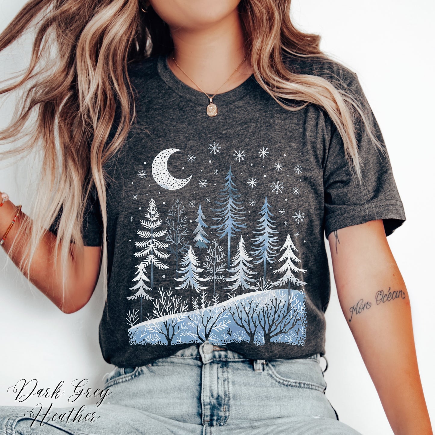 Boho Winter Moon and Forest Shirt - Celestial Woodland Christmas Shirt