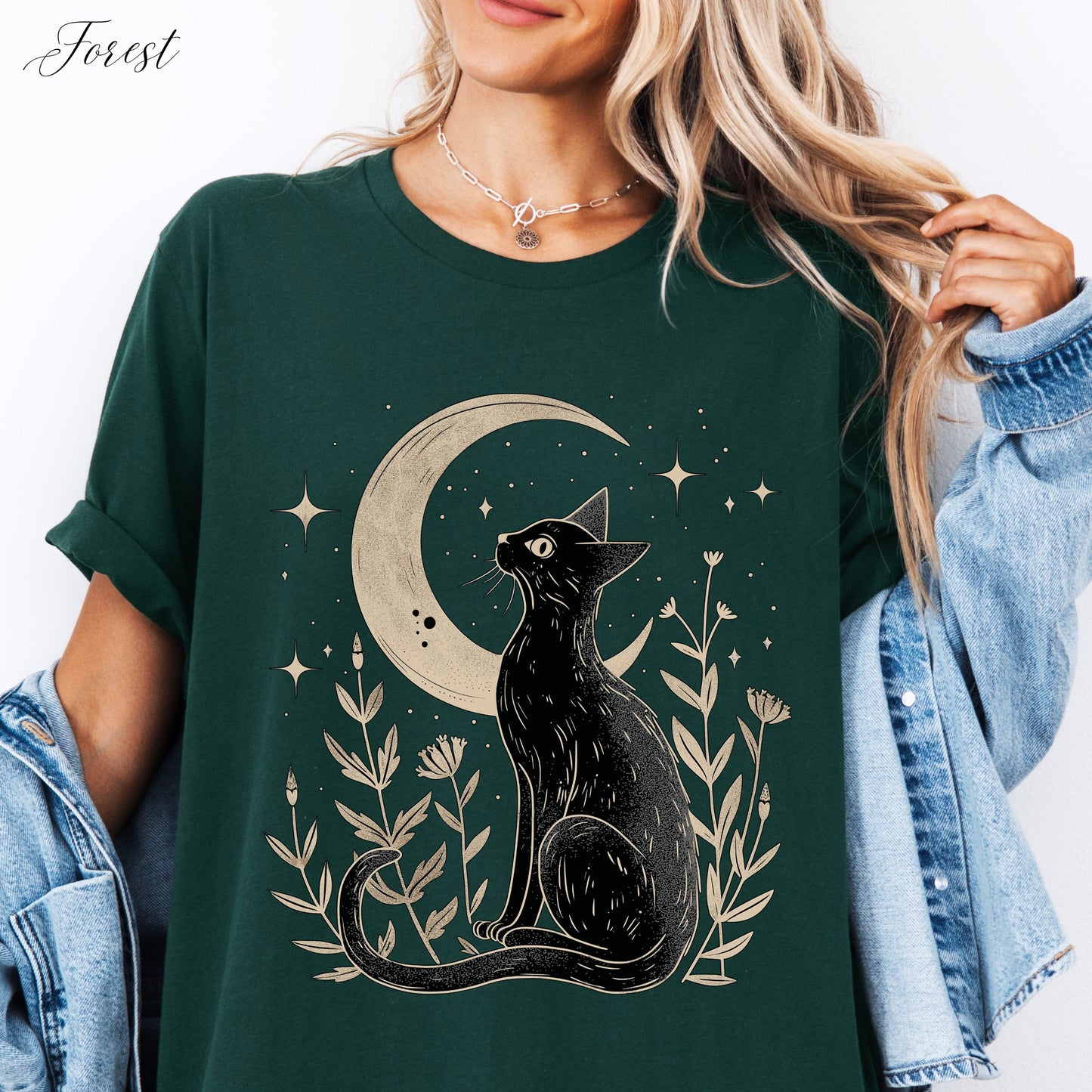 Mystic Moon and Cat Shirt - Vintage Style Boho Shirt