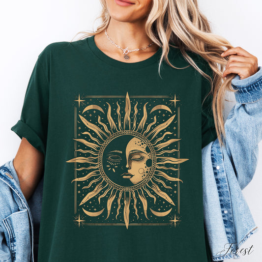 Bohemian Sun and Moon Phase Shirt - Celestial Vintage Graphic Tee