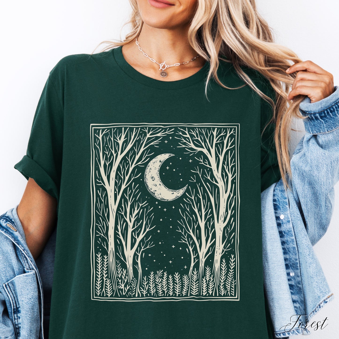 Bohemian Dark Forest Vintage Graphic Tee - Moon and Tree Nature Shirt