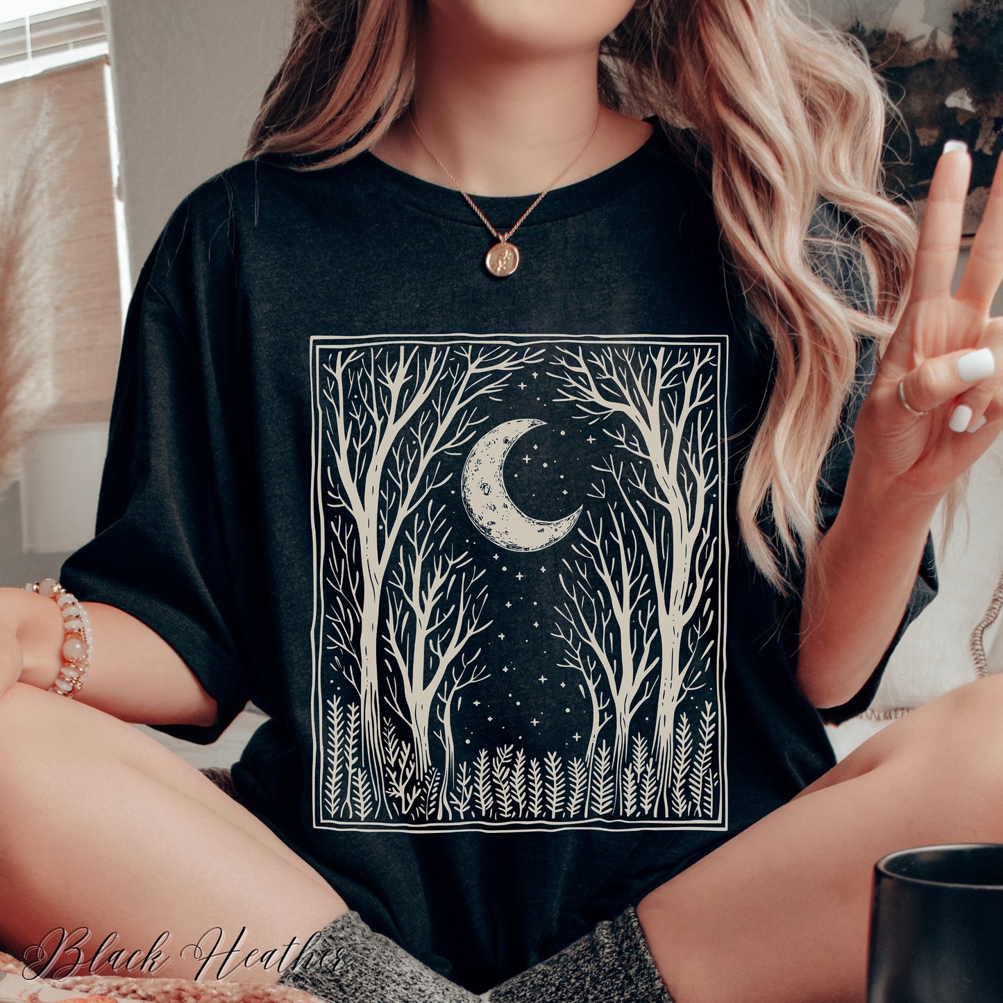 Bohemian Dark Forest Vintage Graphic Tee - Moon and Tree Nature Shirt