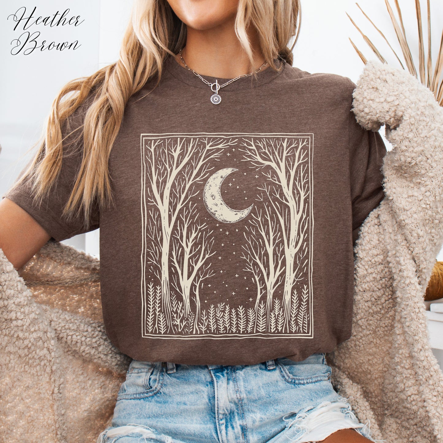 Bohemian Dark Forest Vintage Graphic Tee - Moon and Tree Nature Shirt