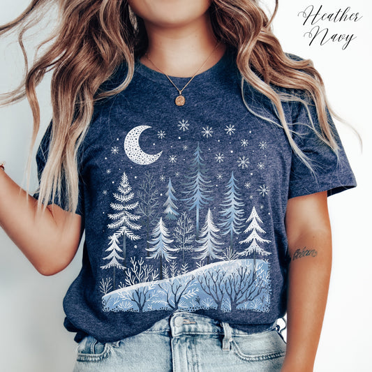Boho Winter Moon and Forest Shirt - Celestial Woodland Christmas Shirt