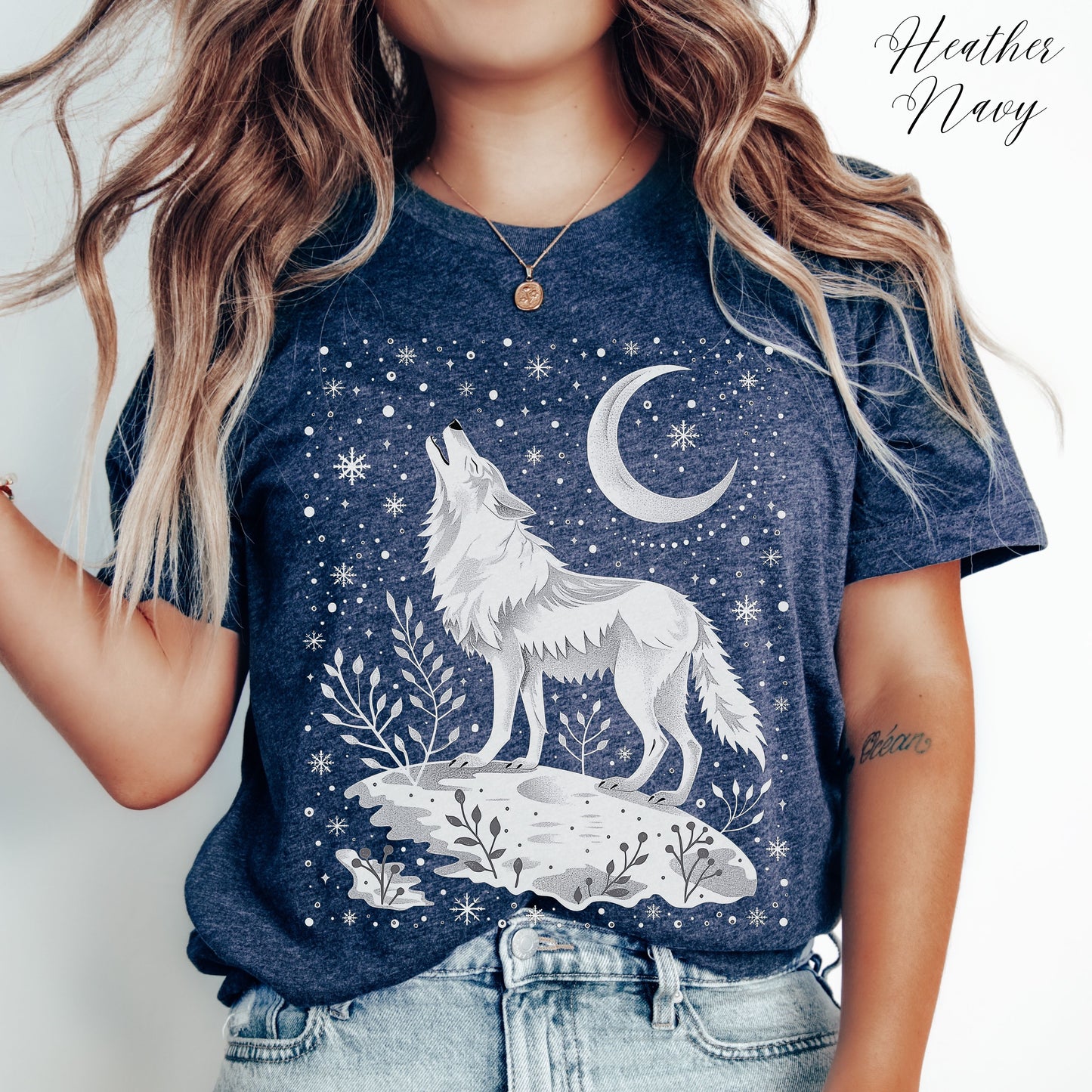 Celestial Arctic Wolf Shirt - Snowy Moon and Wolf Christmas Shirt