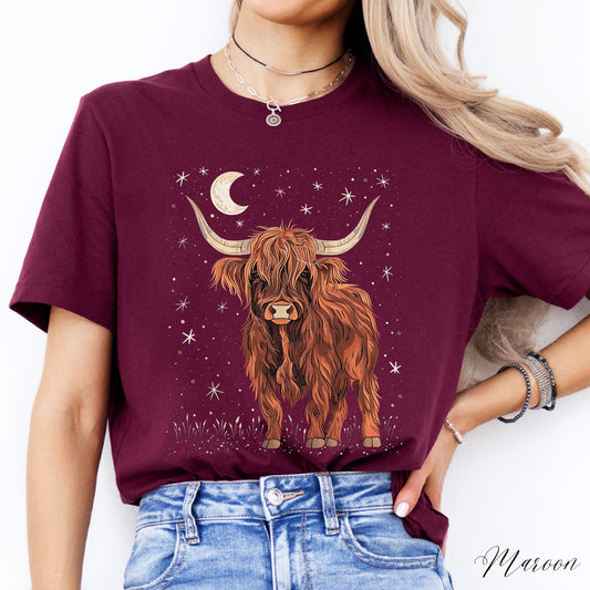 Celestial Moon and Cow Shirt - Highland Cow Graphic Tee - Cottagecore Farm Animal Shirt