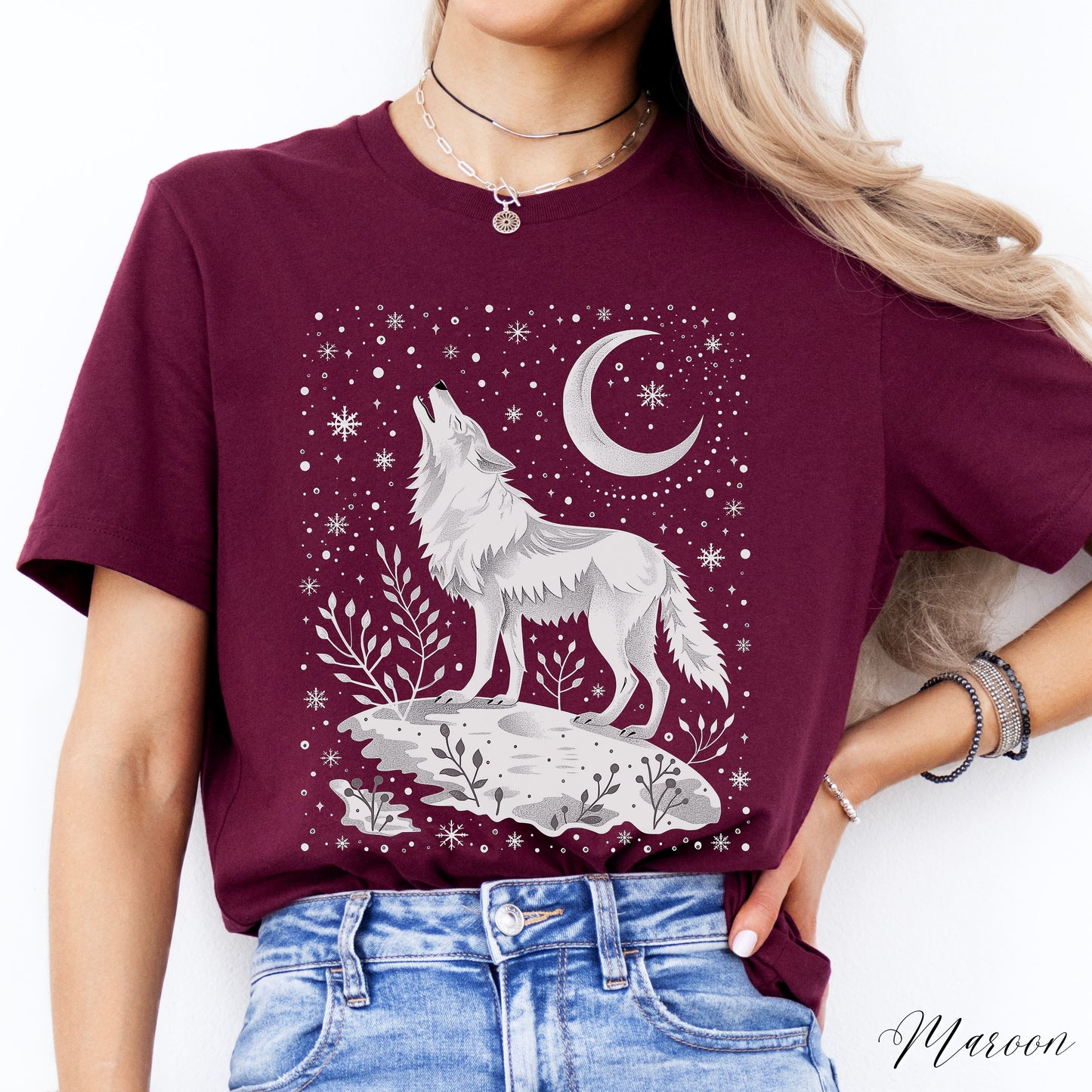 Celestial Arctic Wolf Shirt - Snowy Moon and Wolf Christmas Shirt