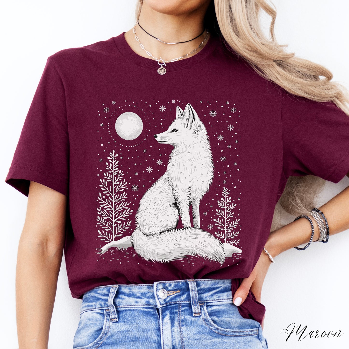Boho Arctic Fox Shirt - Moon and White Fox Christmas Shirt