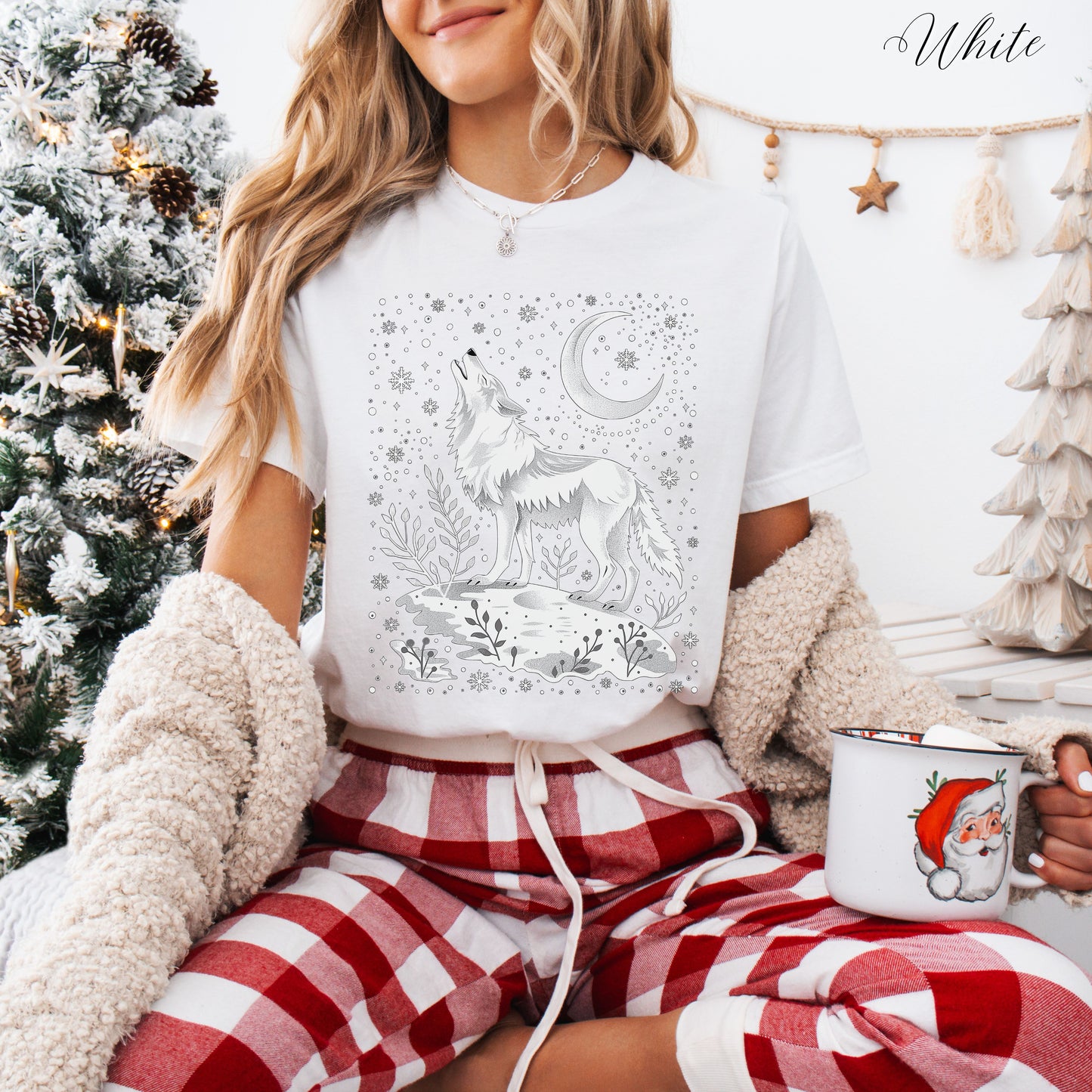 Celestial Arctic Wolf Shirt - Snowy Moon and Wolf Christmas Shirt