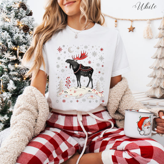 Festive Moose Shirt - Cottagecore Christmas Shirt - Nordic Animal Graphic Tee