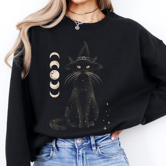 Halloween Cat Sweatshirt - Moon Cat Halloween Sweatshirt - Witch Cat Jumper