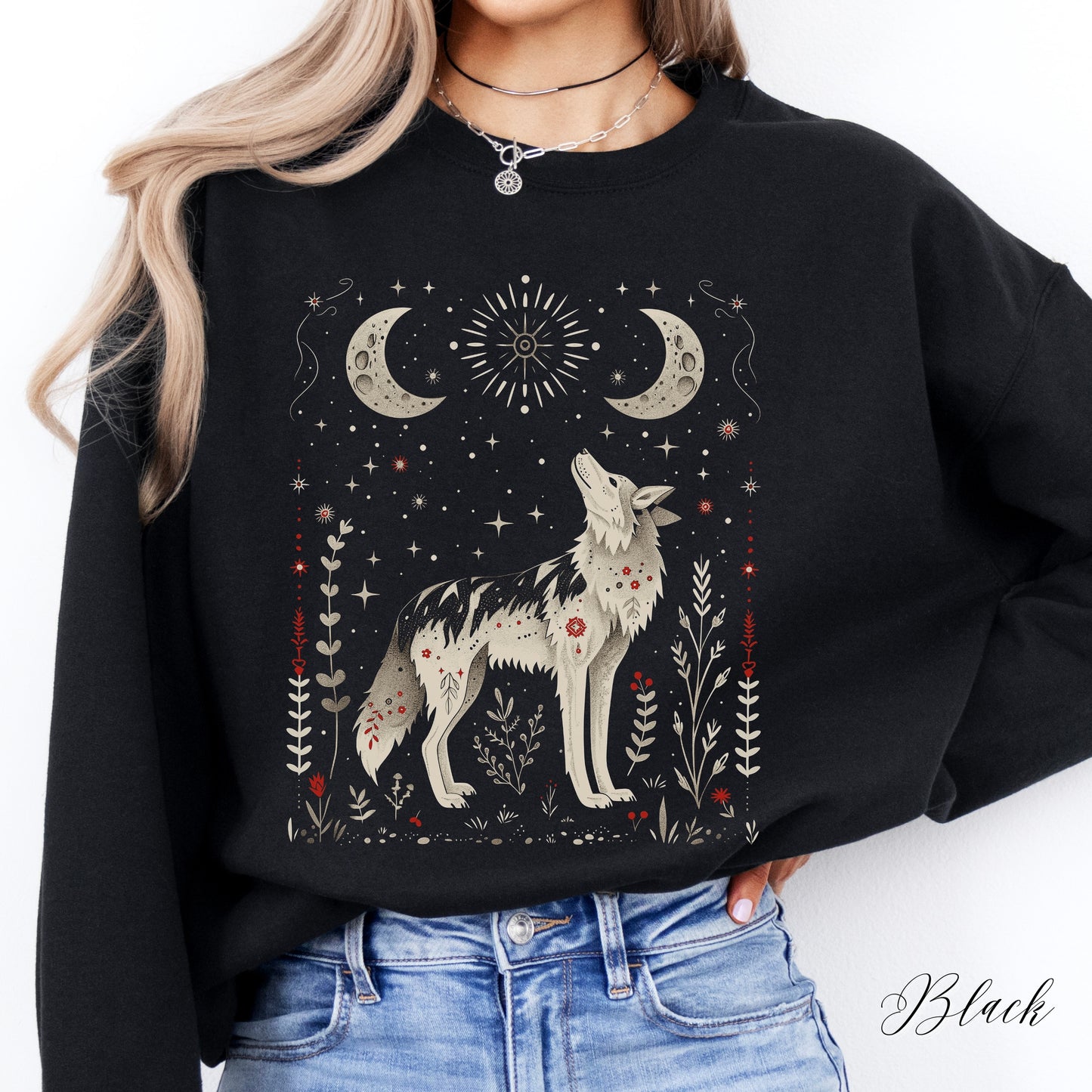 Scandinavian Moon and Wolf Sweatshirt - Folklore Animal Jumper