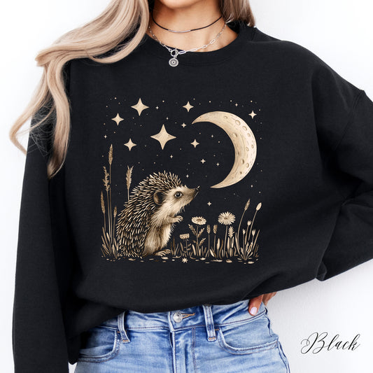 Moon and Hedgehog Sweatshirt - Cottagecore Forest Animal Jumper - Vintage Aesthetic Boho Sweatshirt