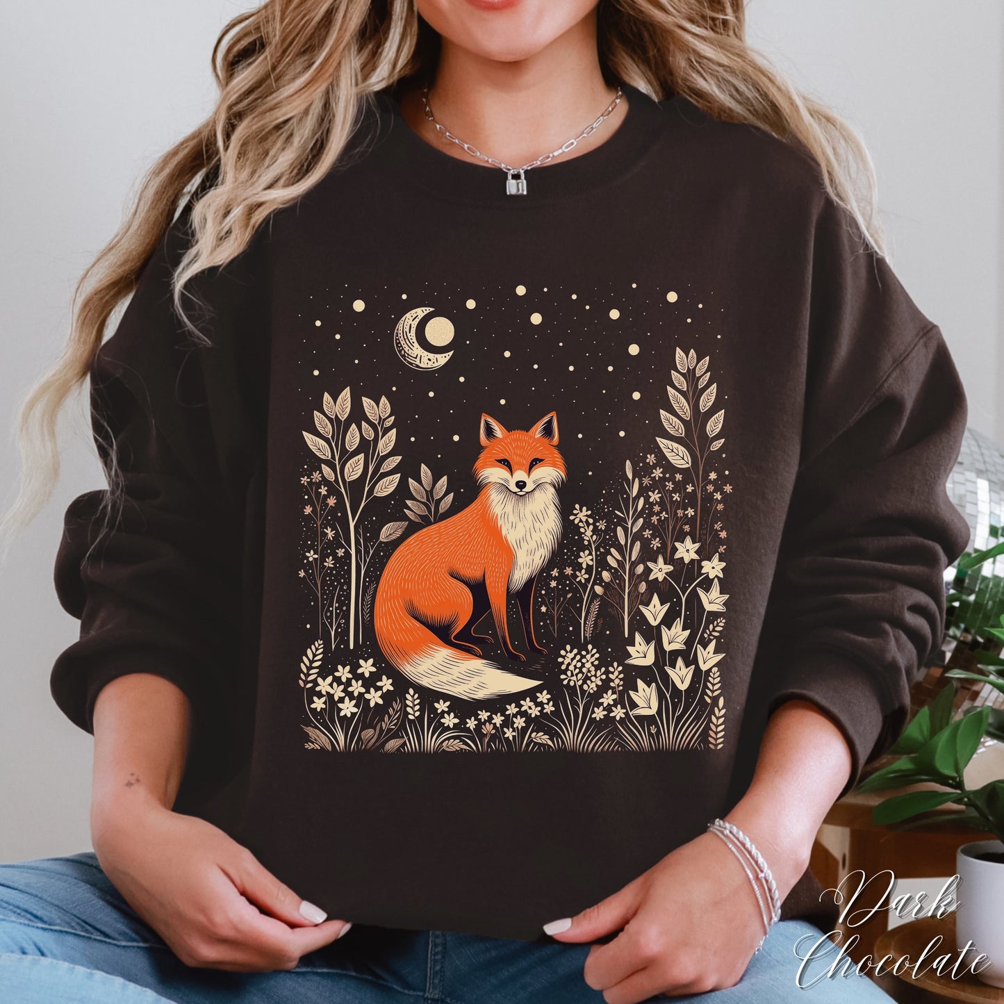 Moon and Fox Sweatshirt - Vintage Folklore Aesthetic Woodland Animal Jumper