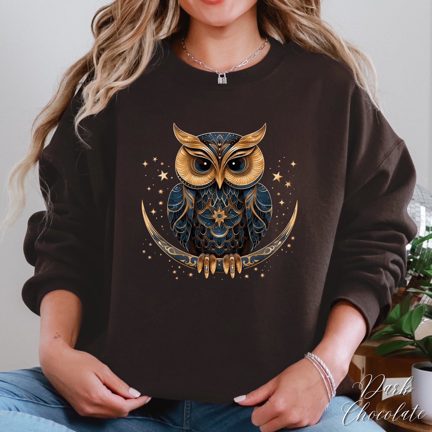 Celestial Moon Owl Sweatshirt - Bohemian Winter Sweatshirt - Christmas Sweatshirt