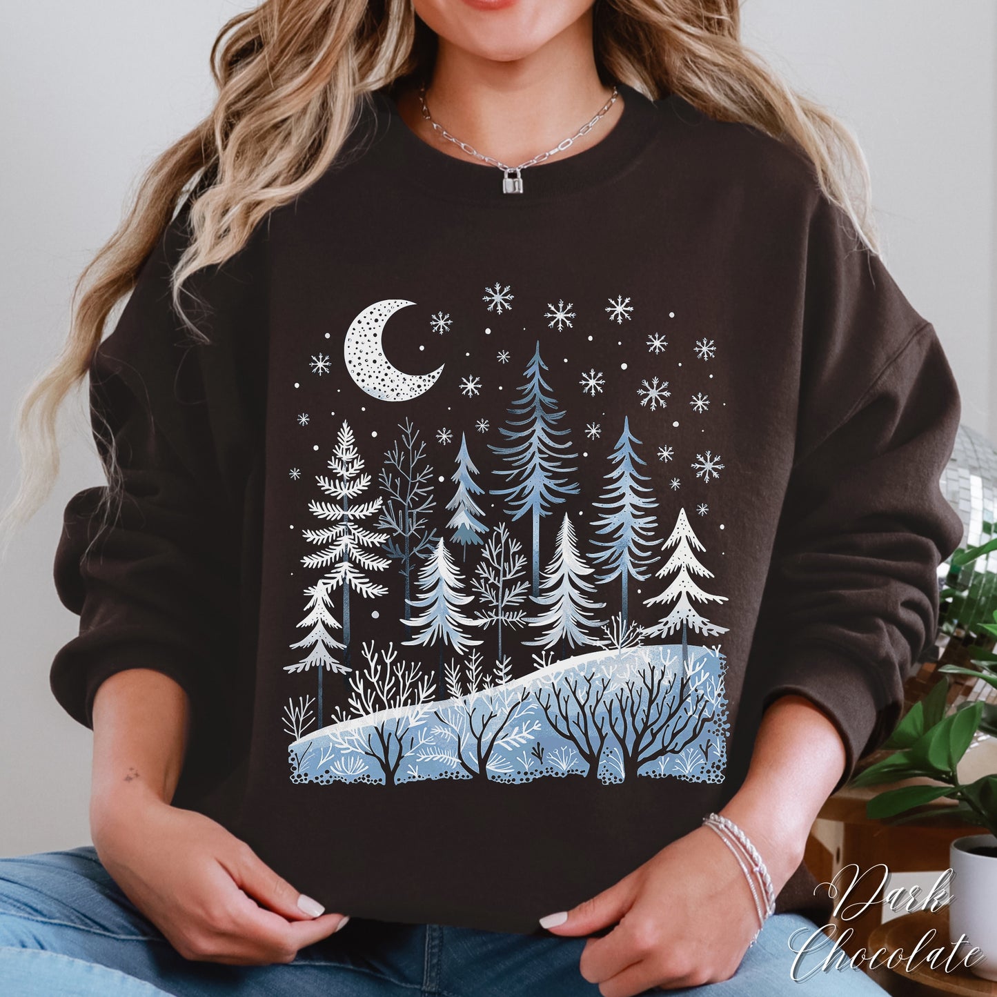 Boho Winter Forest Sweatshirt - Woodland and Moon Christmas Jumper