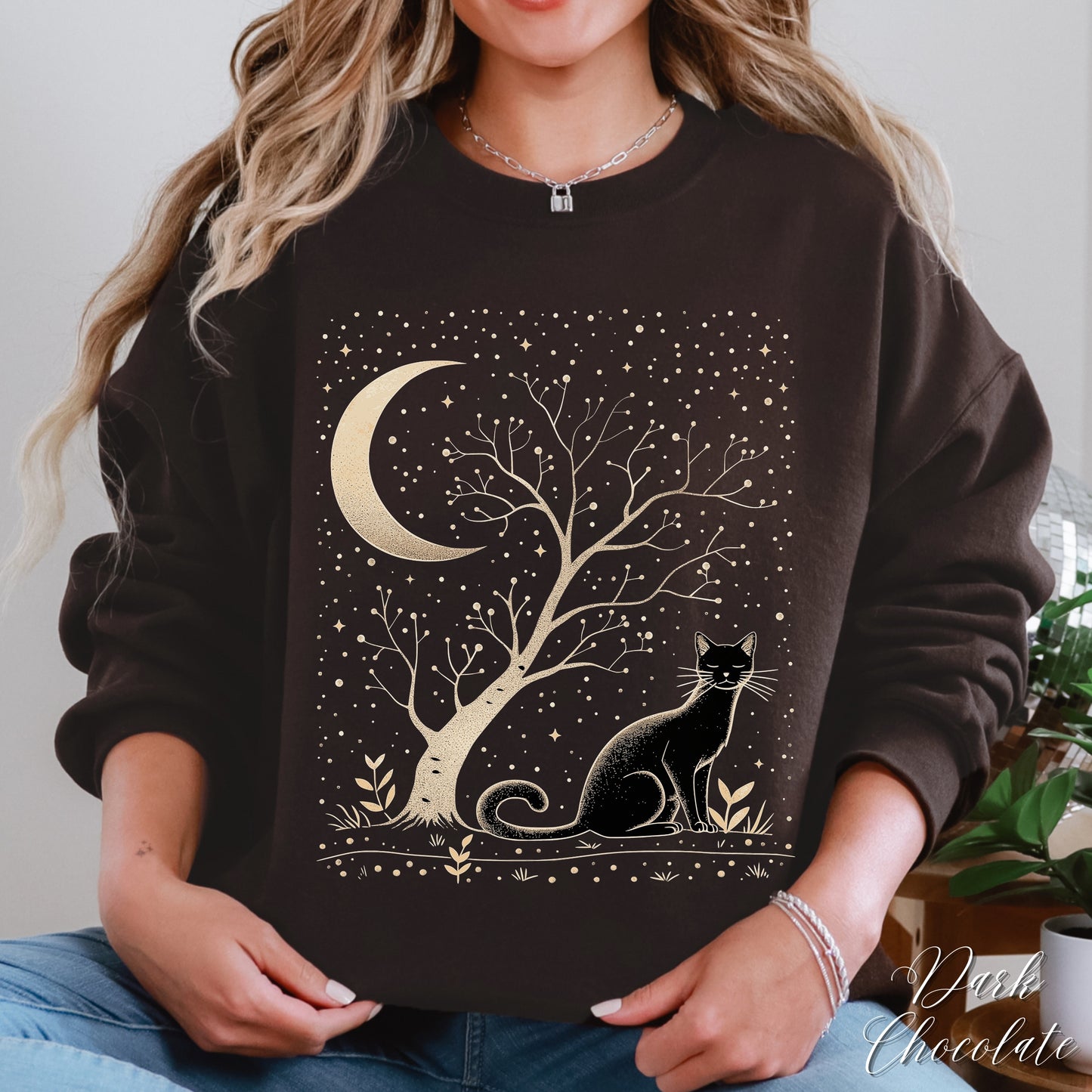Mystical Cat Sweatshirt - Cat, Tree and Moon Jumper - Bohemian Celestial Sweatshirt