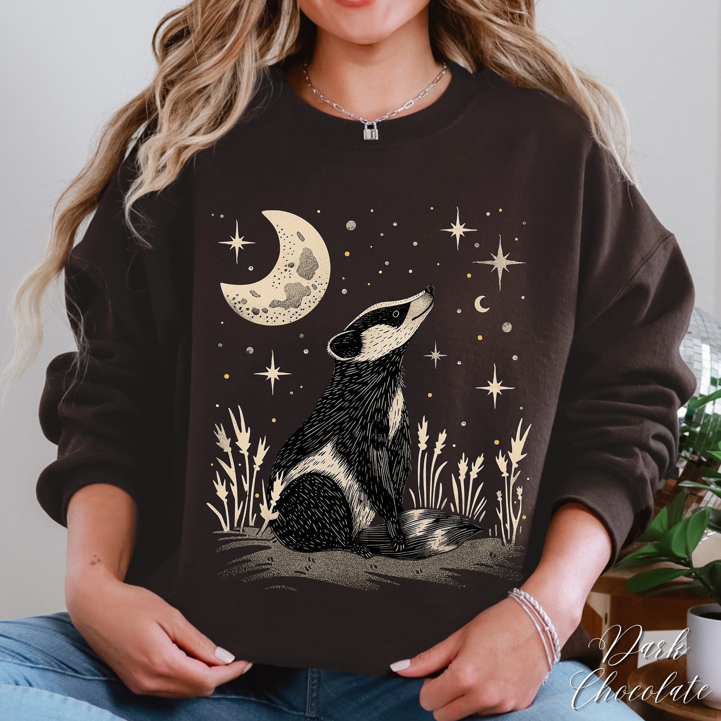 Mystic Moon and Badger Sweatshirt - Boho Woodland Animal Jumper