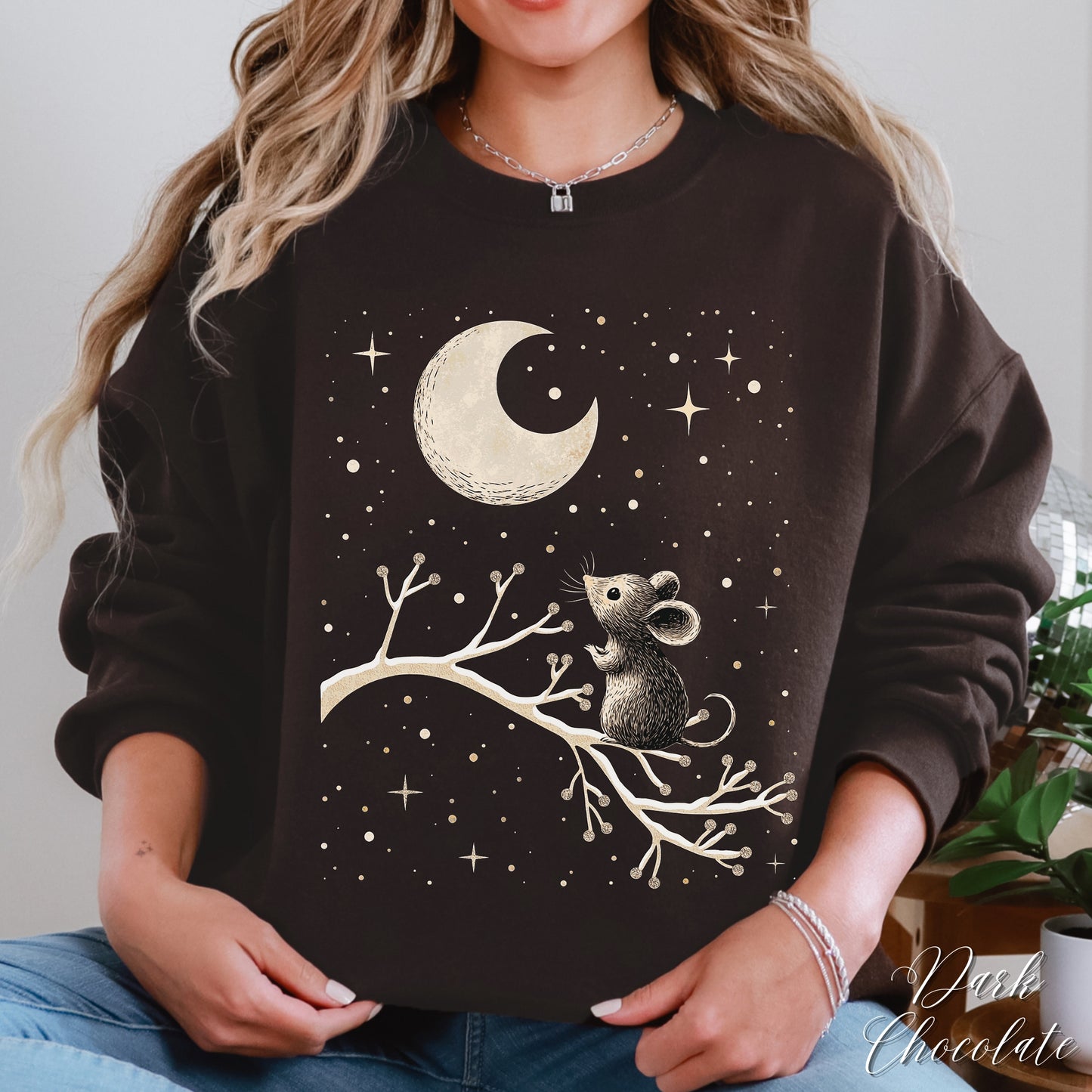 Winter Moon Mouse Christmas Sweatshirt - Celestial Winter Animal Jumper