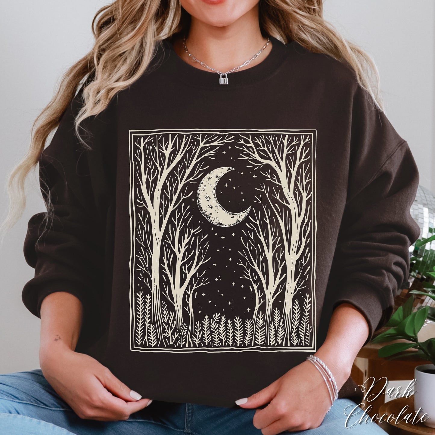 Bohemian Dark Forest Sweatshirt - Vintage Aesthetic Woodland and Moon Jumper