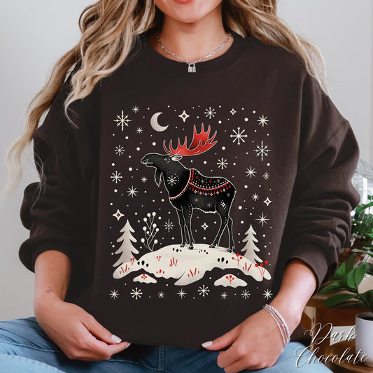 Snowy Moose Christmas Sweatshirt - Nordic Animal Cottagecore Winter Sweatshirt