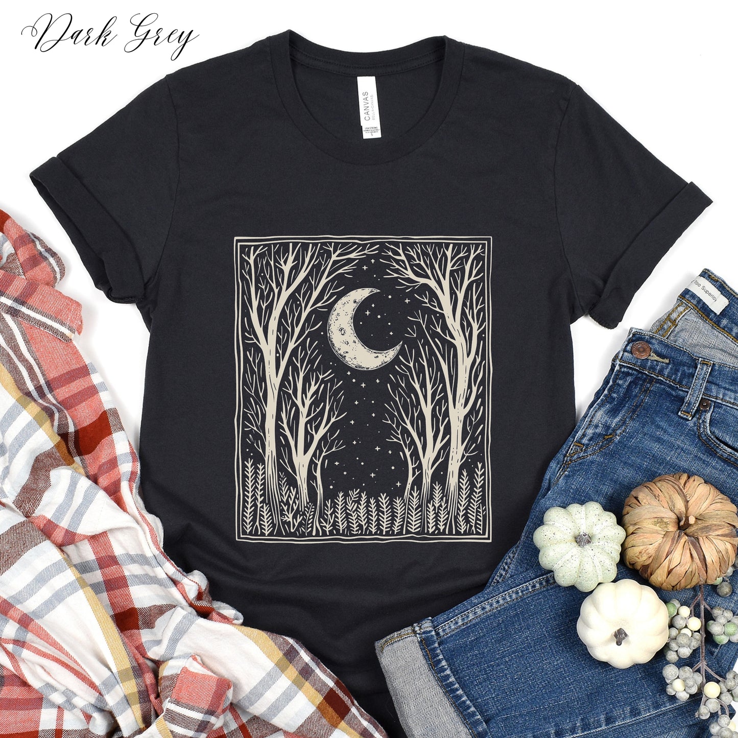Bohemian Dark Forest Vintage Graphic Tee - Moon and Tree Nature Shirt