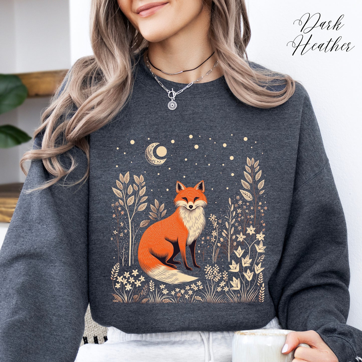 Moon and Fox Sweatshirt - Vintage Folklore Aesthetic Woodland Animal Jumper