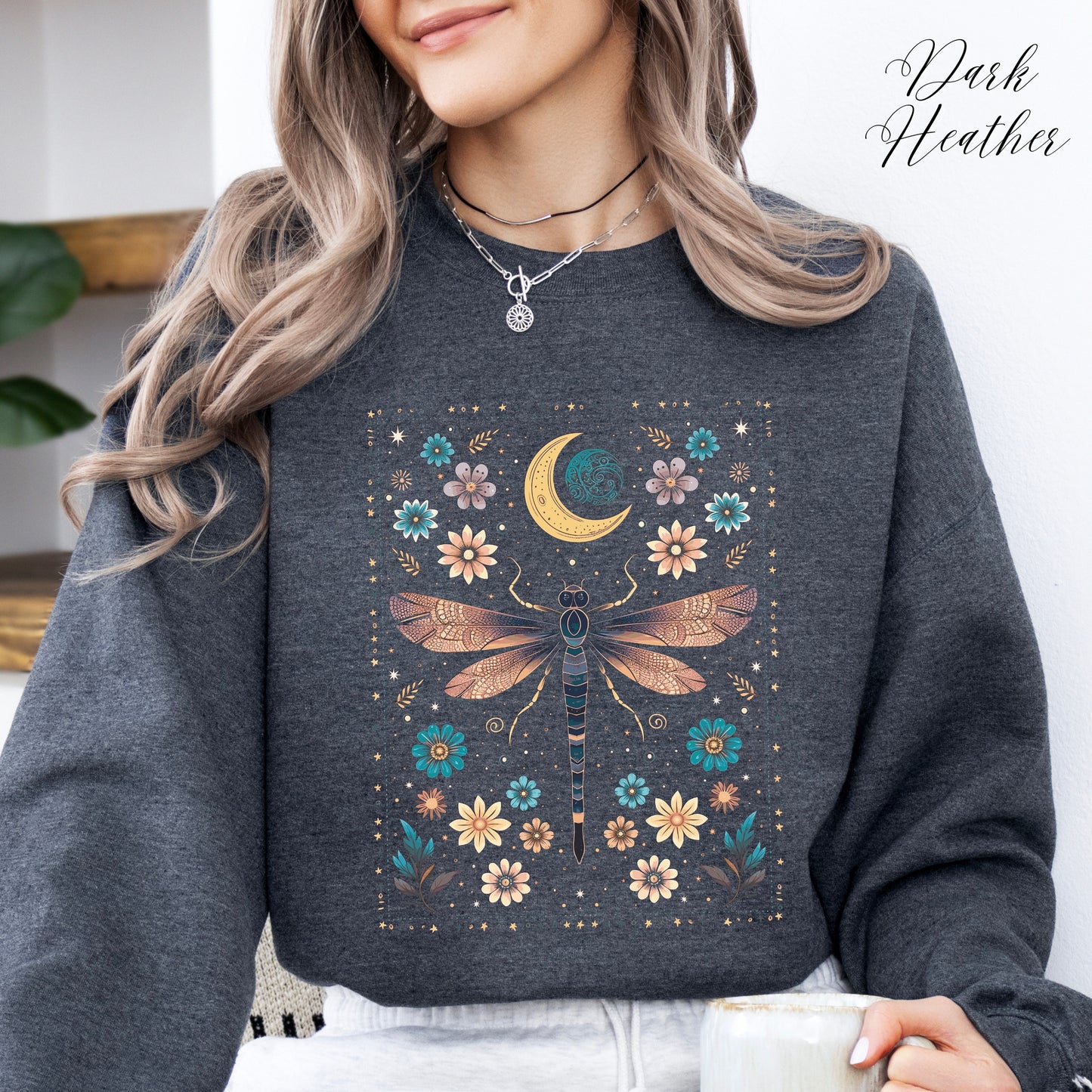 Bohemian Vintage Dragonfly Sweatshirt - Celestial Floral Hippie Sweatshirt