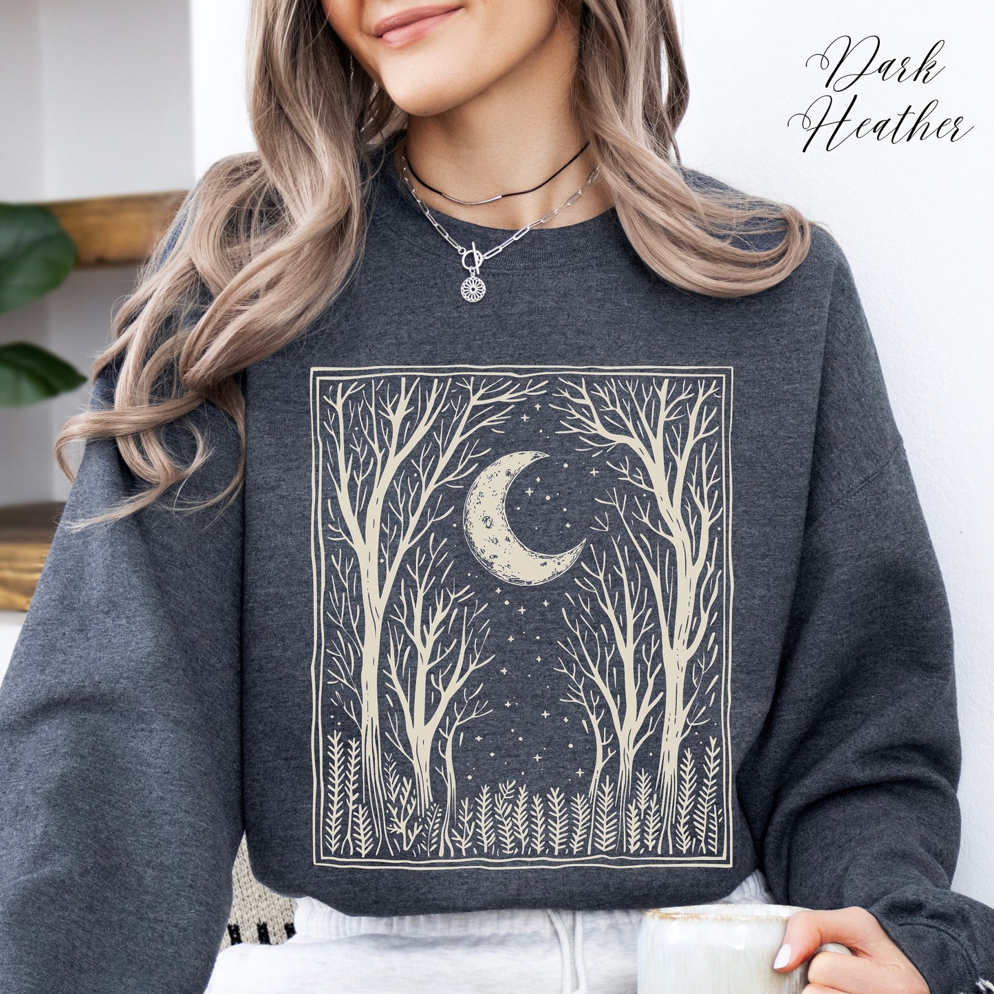 Bohemian Dark Forest Sweatshirt - Vintage Aesthetic Woodland and Moon Jumper
